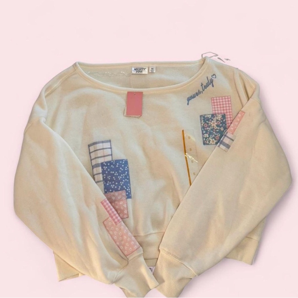 Mighty Fine Cream Sweatshirt with Pink Tag & Blue Script